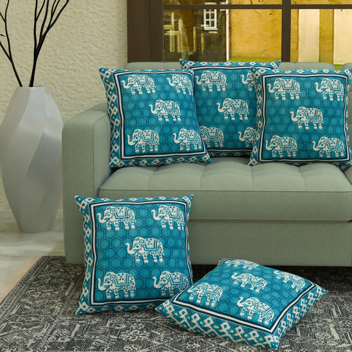 Homecrown Elephant Design Velvet Cushion Covers 16x16 Inch – Set of 5 (Teal)