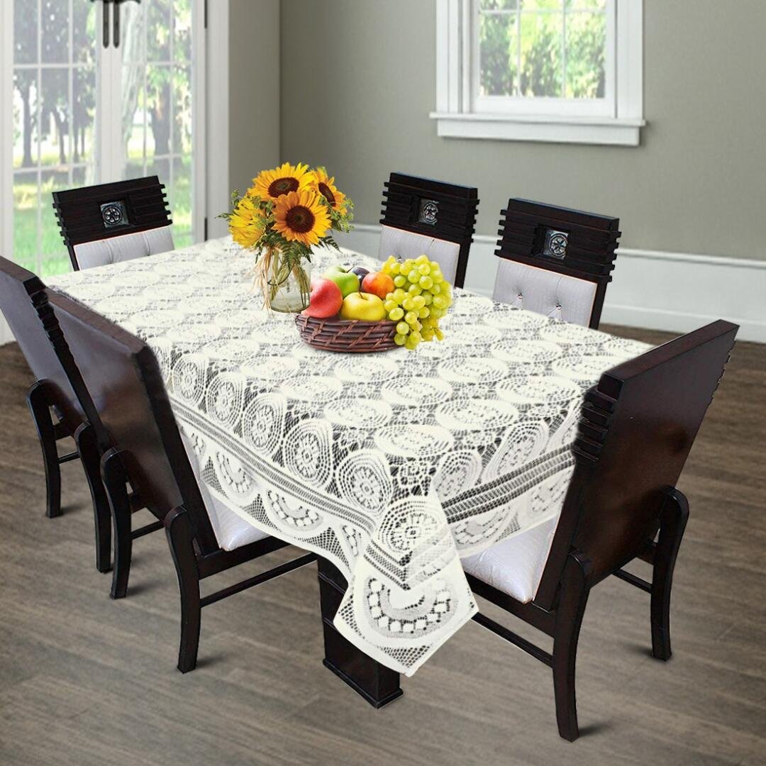 Homecrown Circle Design Cotton 6 Seater Dining Table Cover (White, 60 X 90 Inches)