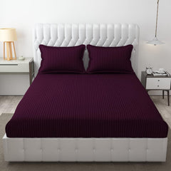 Homecrown Cotton Double Bedsheet with 2 Pillow Covers- Satin Stripe- 90x100 Inch- Wine