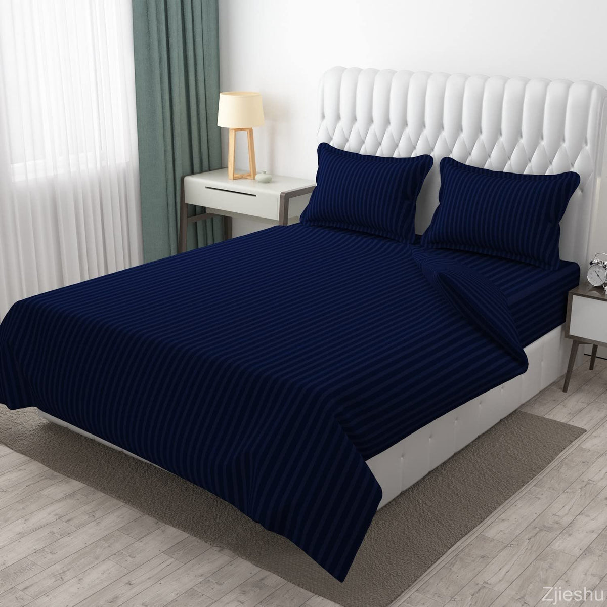 Homecrown Cotton Double Bedsheet with 2 Pillow Covers- Satin Stripe- 90x100 Inch- Blue