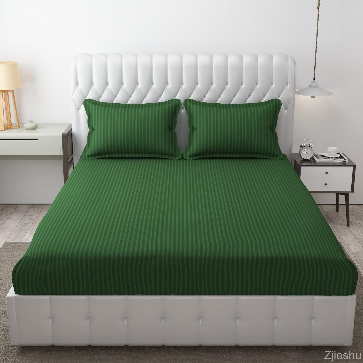 Homecrown Cotton Double Bedsheet with 2 Pillow Covers- Satin Stripe- 90x100 Inch- Green