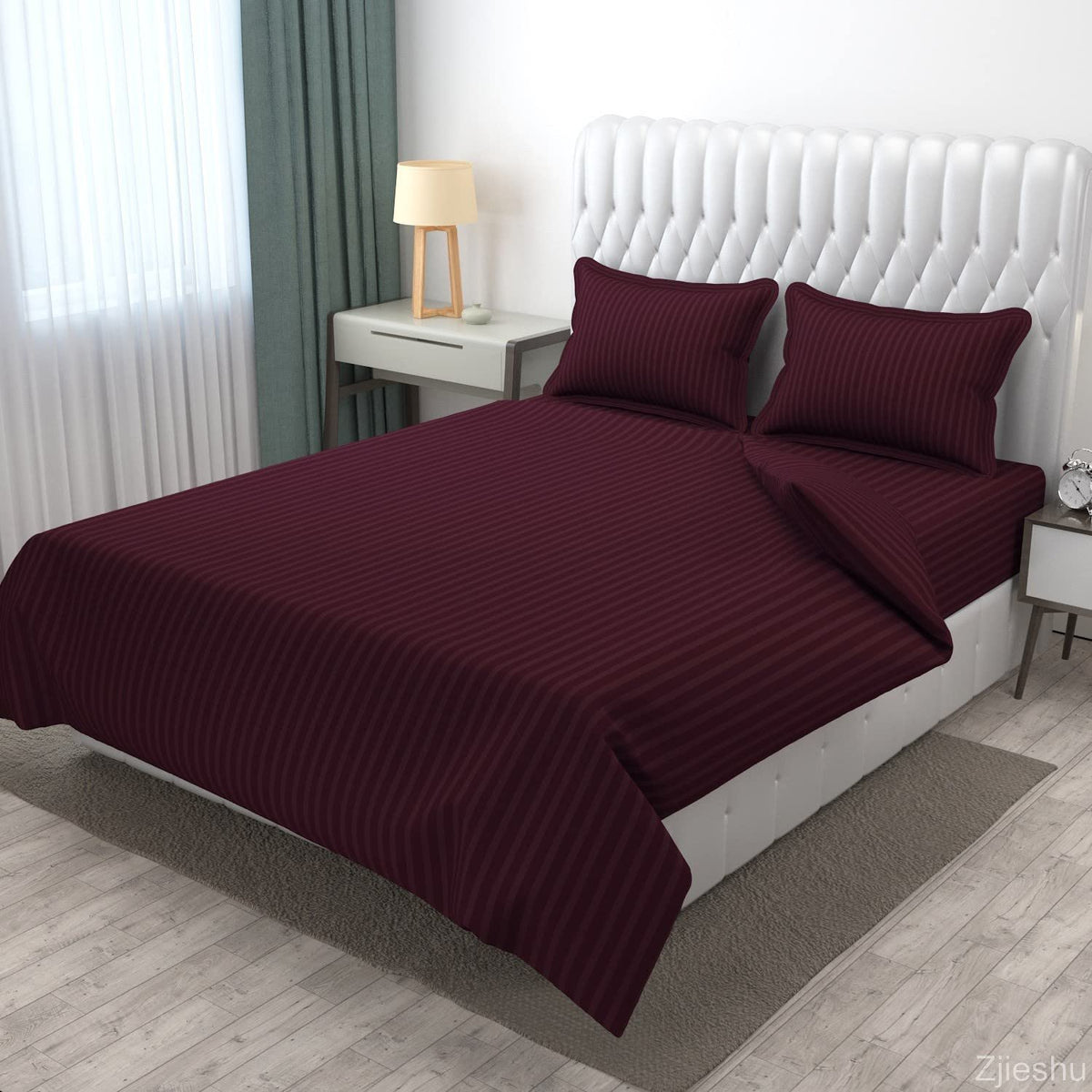 Homecrown Cotton Double Bedsheet with 2 Pillow Covers- Satin Stripe- 90x100 Inch- Wine