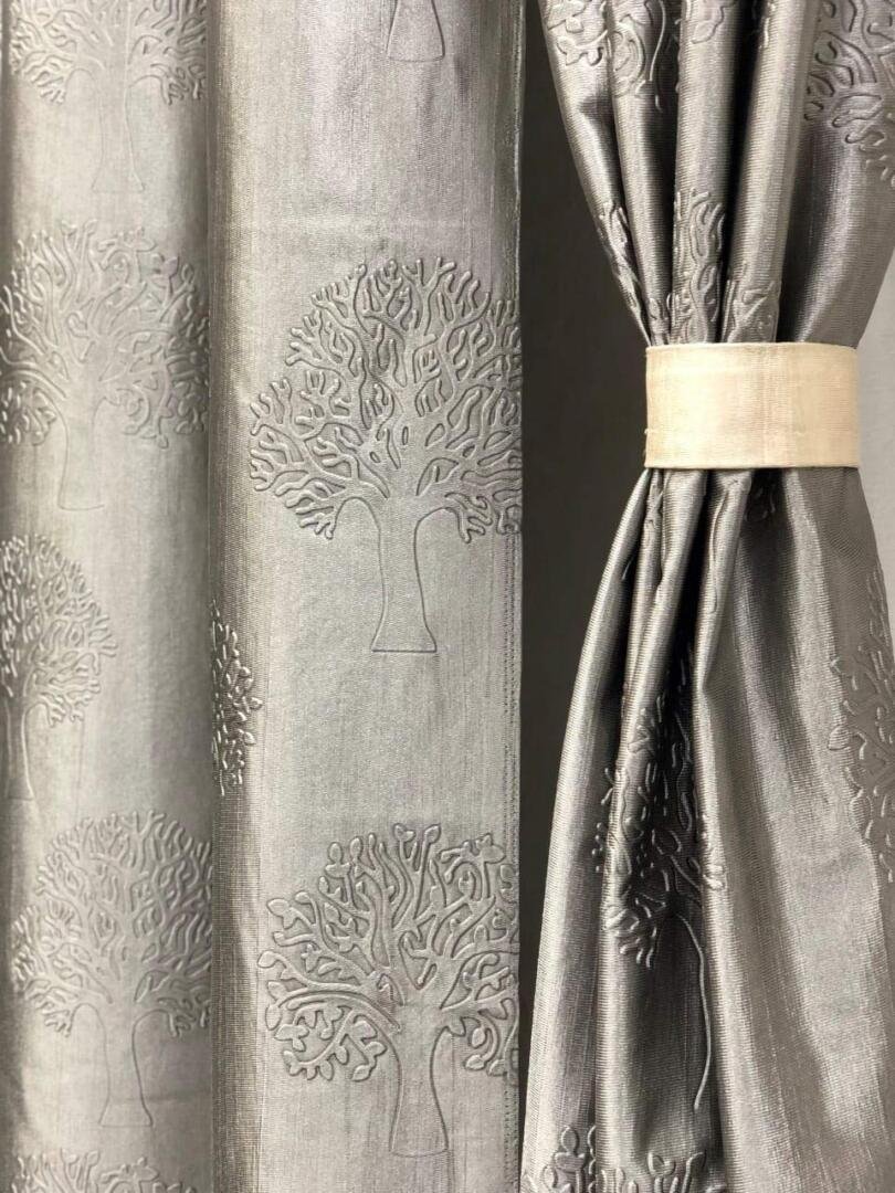 Homecrown Premium Tree Punch Embossed Design Curtains- Set of 2, Silver