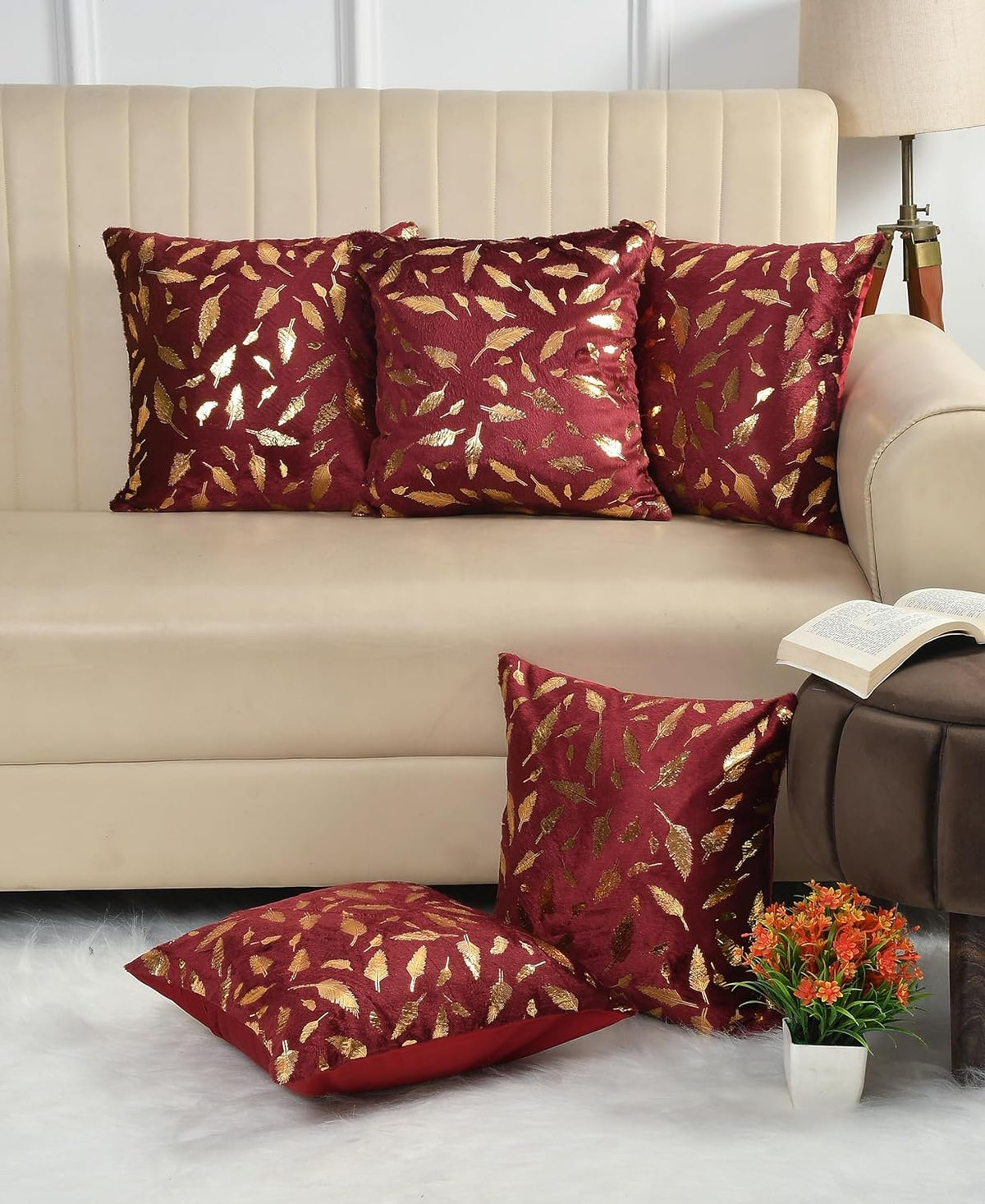 Homecrown Golden Leaf Velvet Cushion Covers Set of 5 (16x16 Inch) - Red