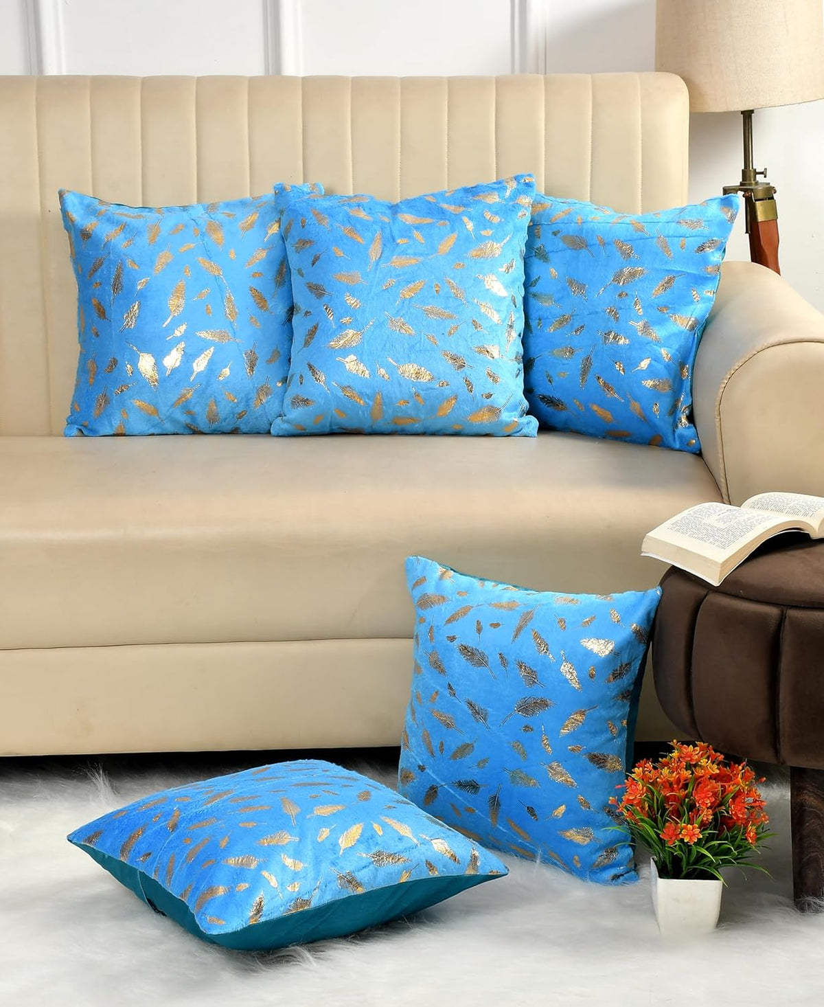 Homecrown Golden Leaf Velvet Cushion Covers Set of 5 (16x16 Inch) - Aqua