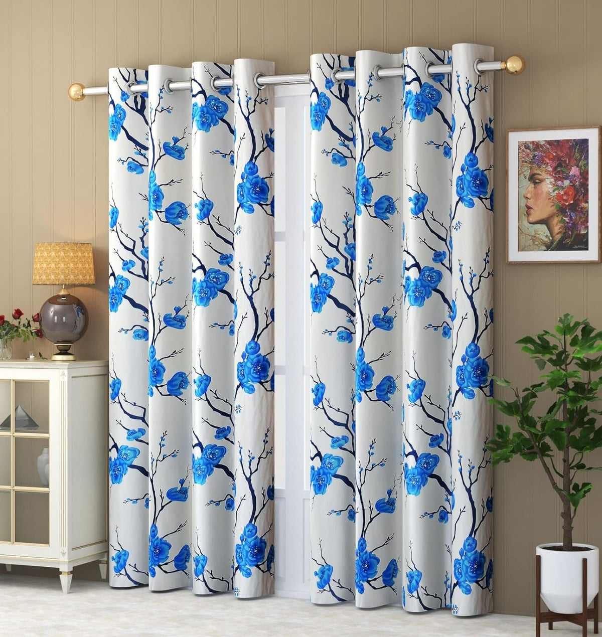 Homecrown Floral Print Curtains- Set of 2, Blue