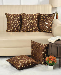 Homecrown Golden Leaf Velvet Cushion Covers Set of 5 (16x16 Inch) - Brown