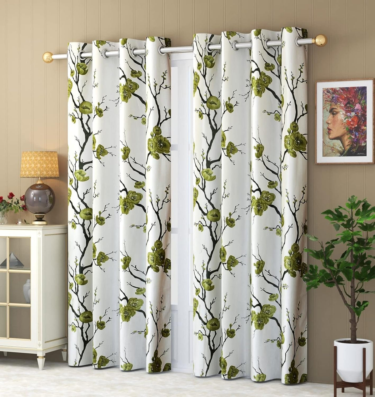 Homecrown Floral Print Curtains- Set of 2, Green