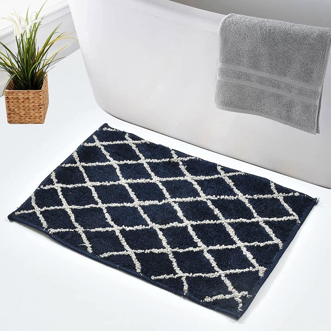 Homecrown Rubber Backing Geometric Cotton Bathmat- (40 X 60cm, Blue)