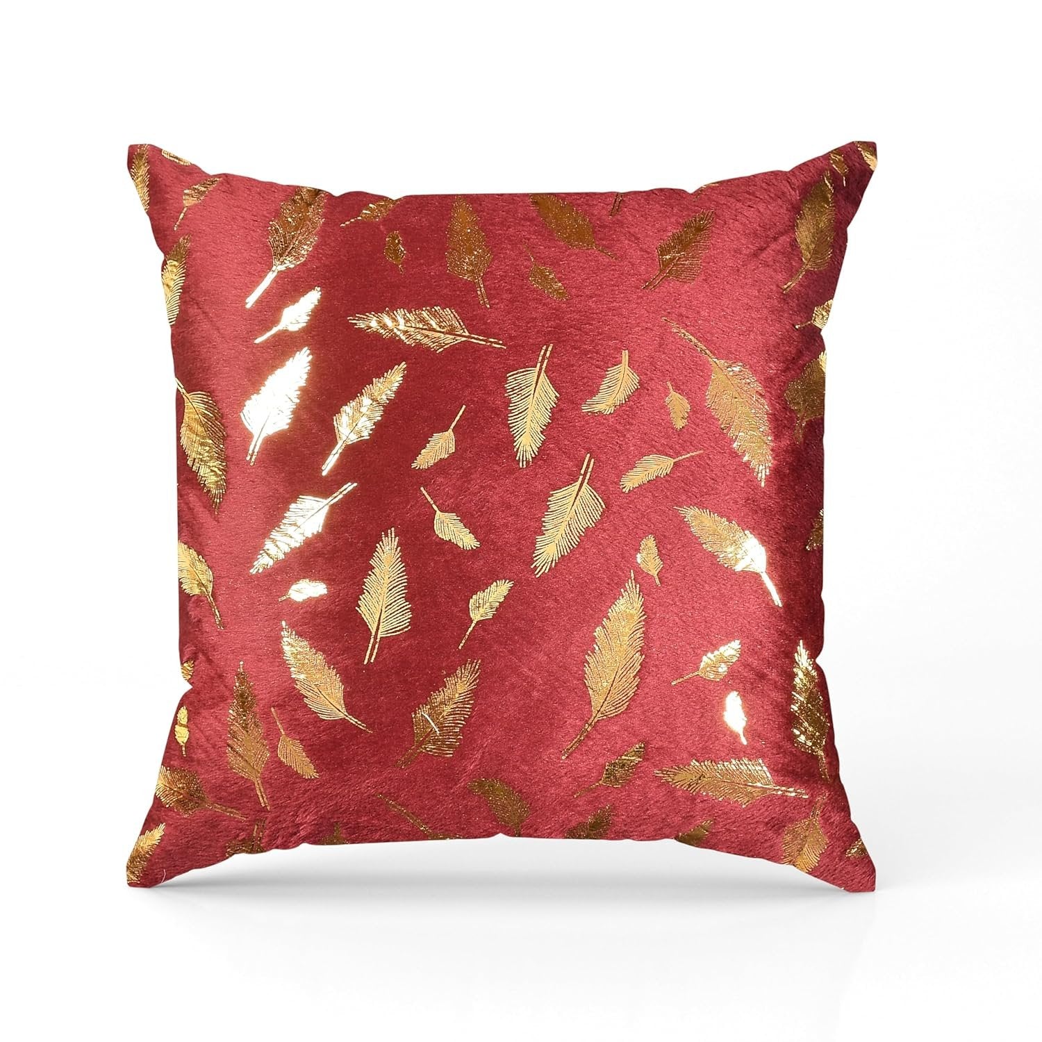 Homecrown Golden Leaf Velvet Cushion Covers Set of 5 (16x16 Inch) - Red