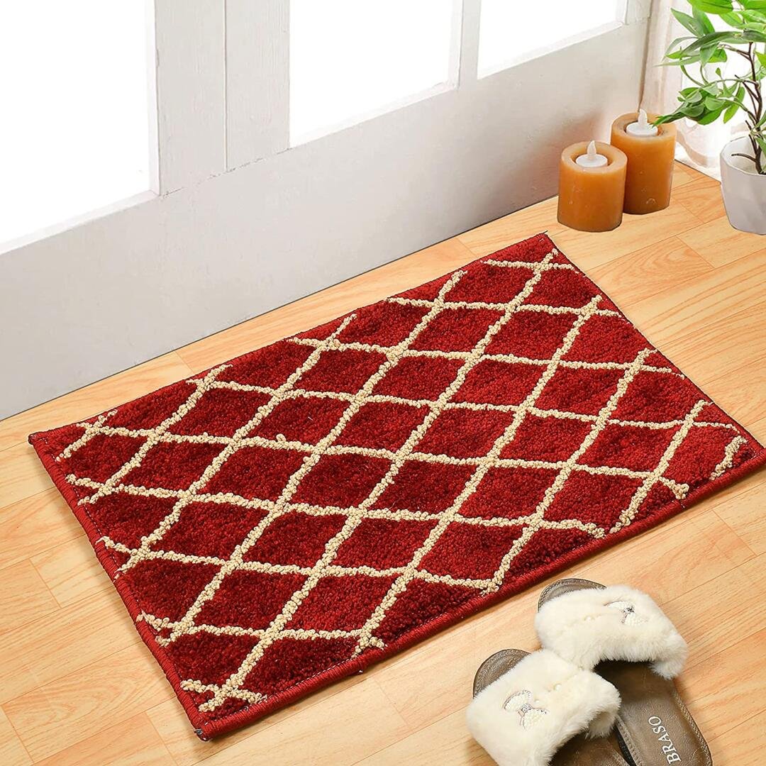 Homecrown Rubber Backing Geometric Cotton Bathmat- (40 X 60cm, Red)