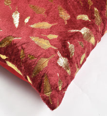 Homecrown Golden Leaf Velvet Cushion Covers Set of 5 (16x16 Inch) - Red