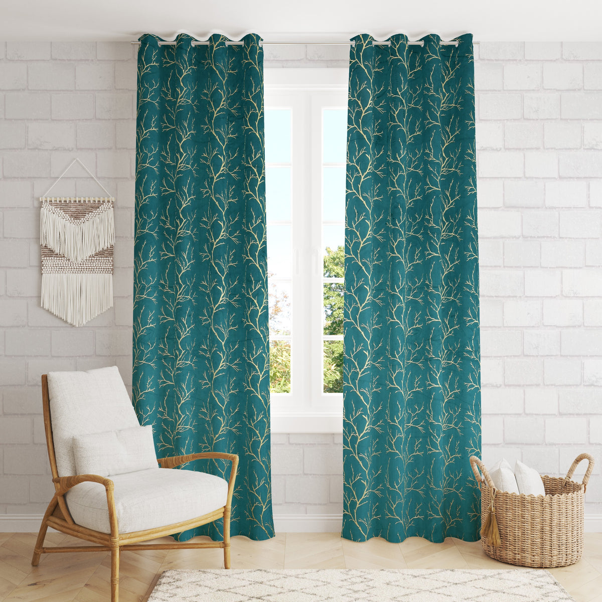 Homecrown Premium Velvet Fabric Room Darkening Curtains for Windows & Doors - Set of 2, Foil Print- Aqua