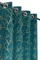 Homecrown Premium Velvet Fabric Room Darkening Curtains for Windows & Doors - Set of 2, Foil Print- Aqua