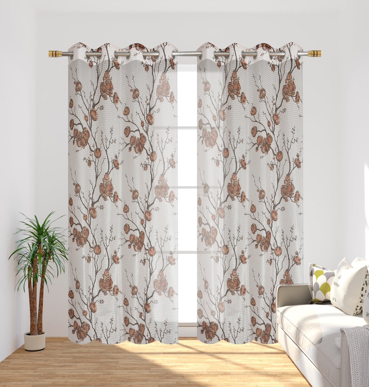 Homecrown Tissue Net Floral Print Curtains for Windows/Doors – Set of 2, Gulab- Coffee