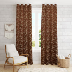 Homecrown Premium Velvet Fabric Room Darkening Curtains for Windows & Doors - Set of 2, Foil Print- Brown