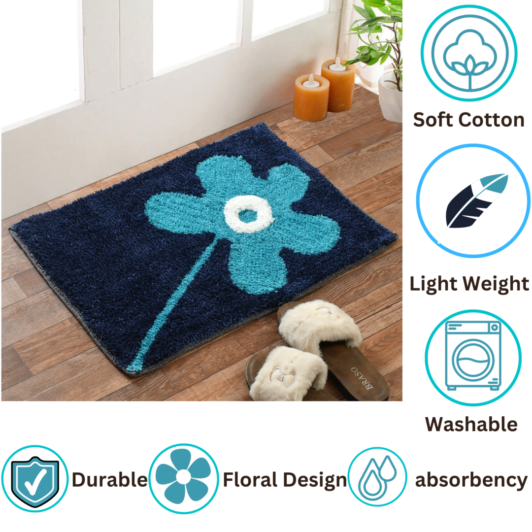 Homecrown Flower Design Cotton Bathmat- (40 X 60cm, Blue)