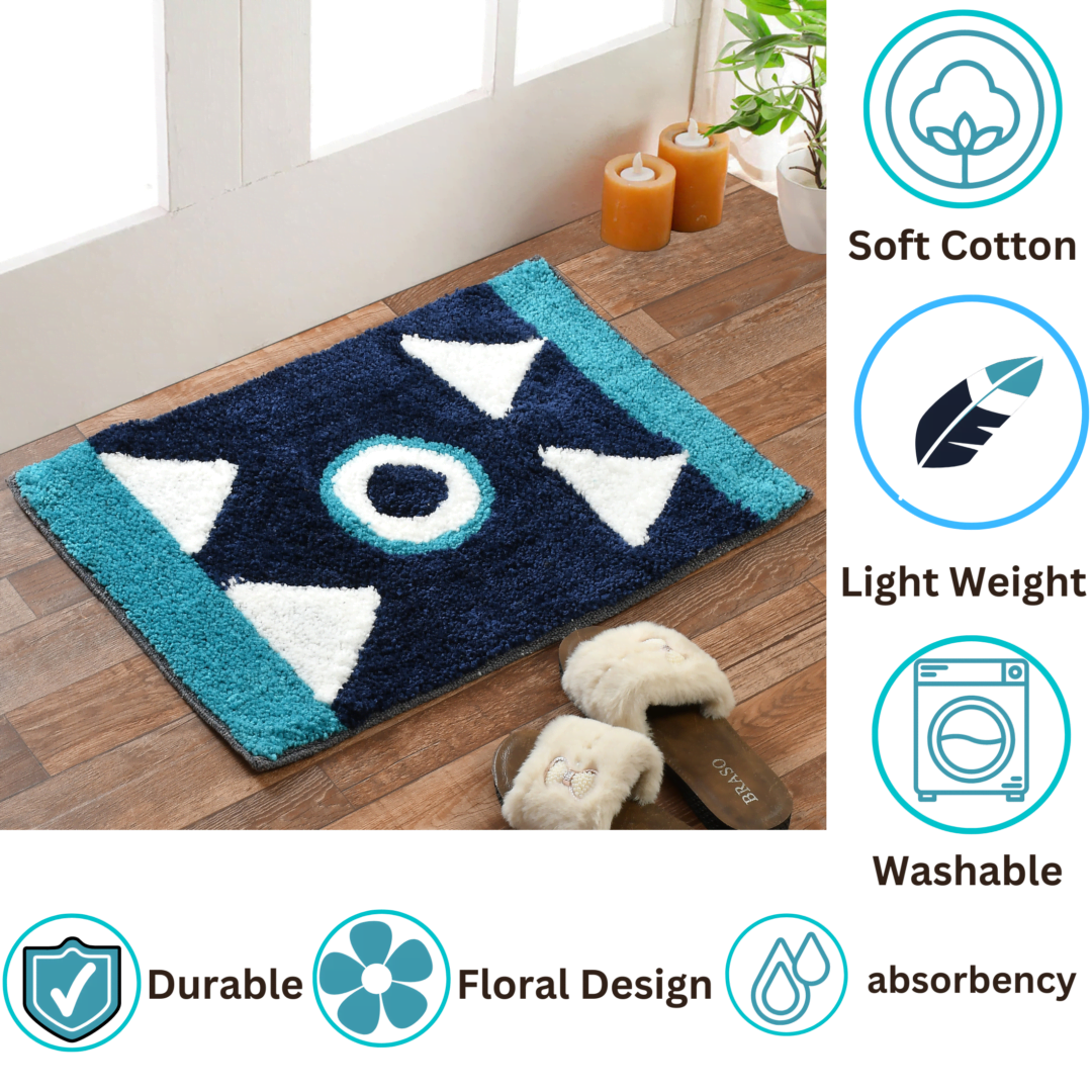 Homecrown Geometric Design Cotton Bathmat- (40 X 60cm, Blue)