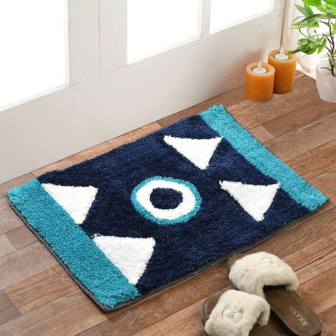 Homecrown Geometric Design Cotton Bathmat- (40 X 60cm, Blue)