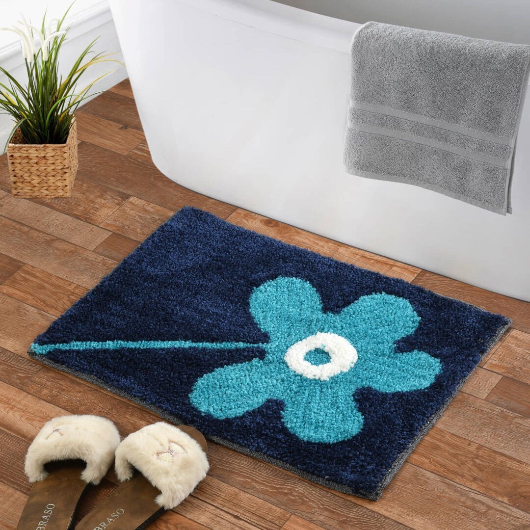 Homecrown Flower Design Cotton Bathmat- (40 X 60cm, Blue)