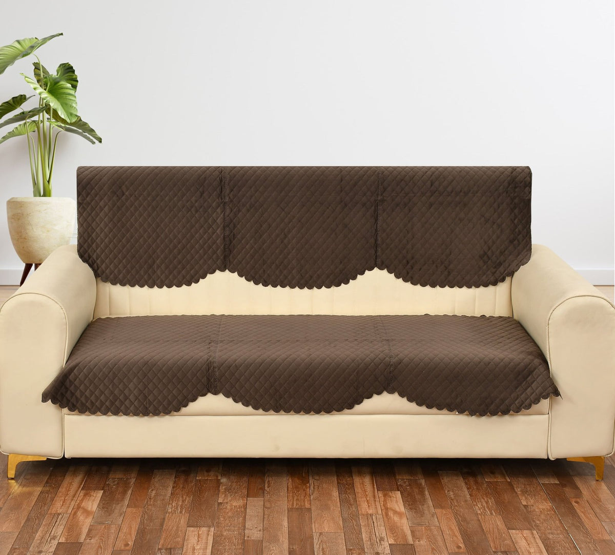 Homecrown Velvet Quilted Sofa Cover for 3 Seater Sofa- Brown