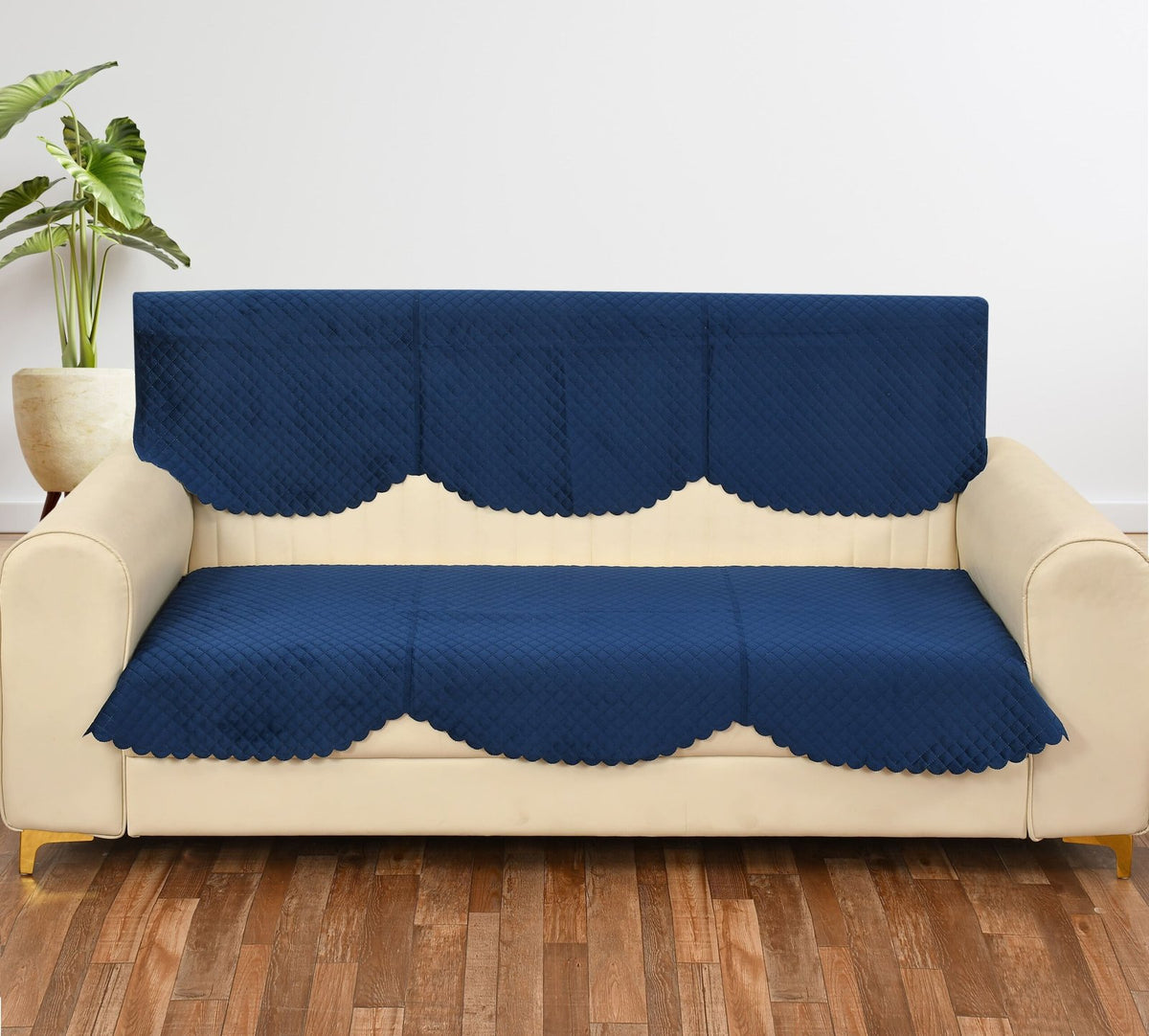 Homecrown Velvet Quilted Sofa Cover for 3 Seater Sofa- Blue