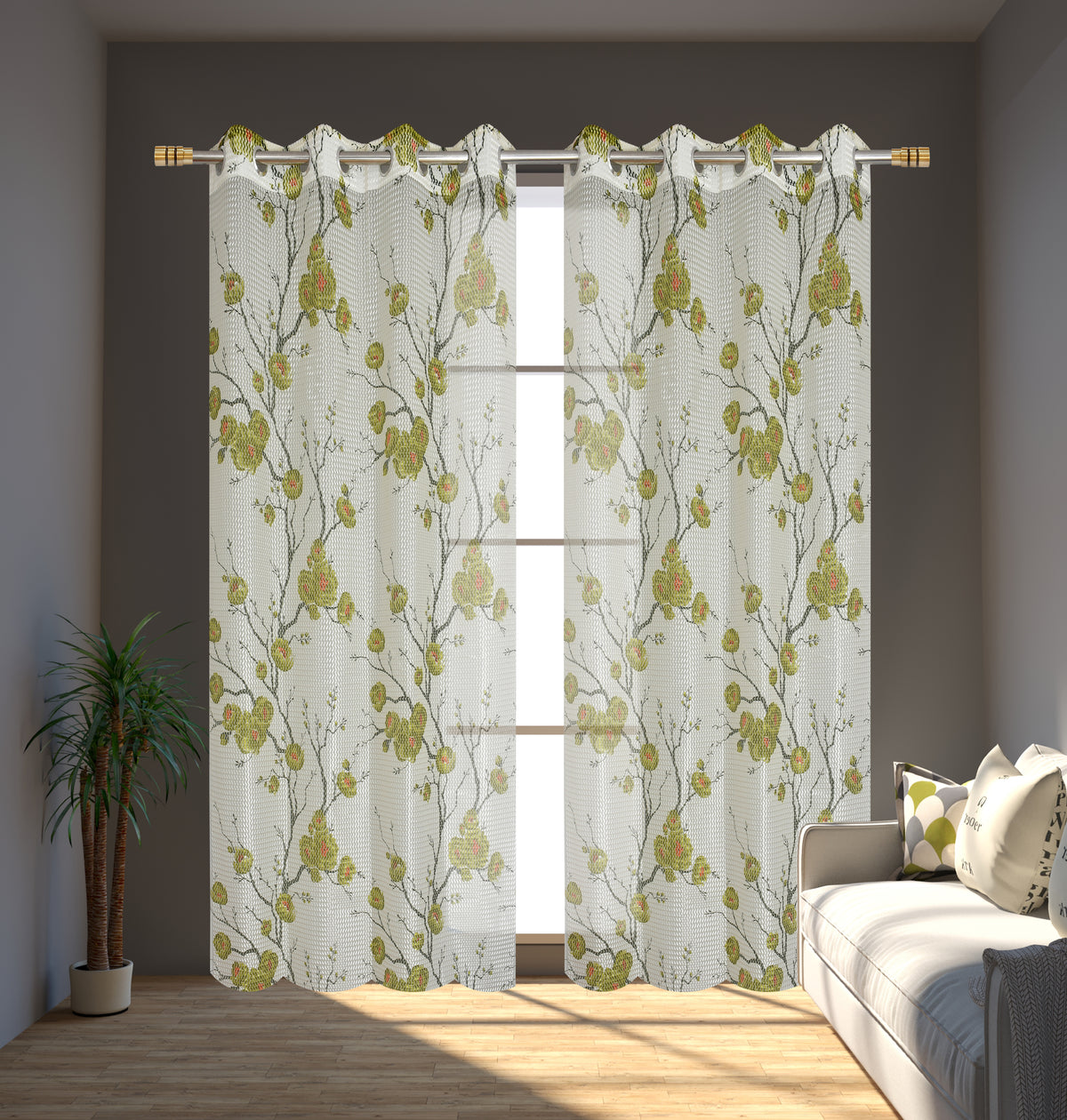 Homecrown Tissue Net Floral Print Curtains for Windows/Doors – Set of 2, Gulab- Green