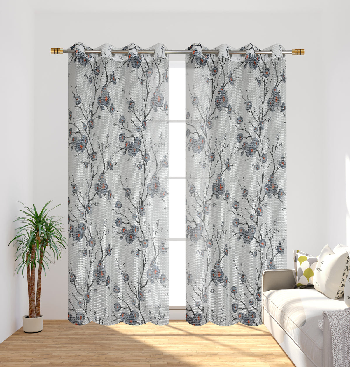 Homecrown Tissue Net Floral Print Curtains for Windows/Doors – Set of 2, Gulab- Grey