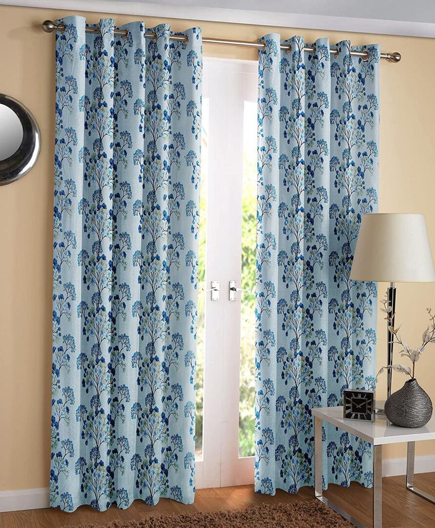 Homecrown Premium Floral Print Curtains- Set of 2, Aqua