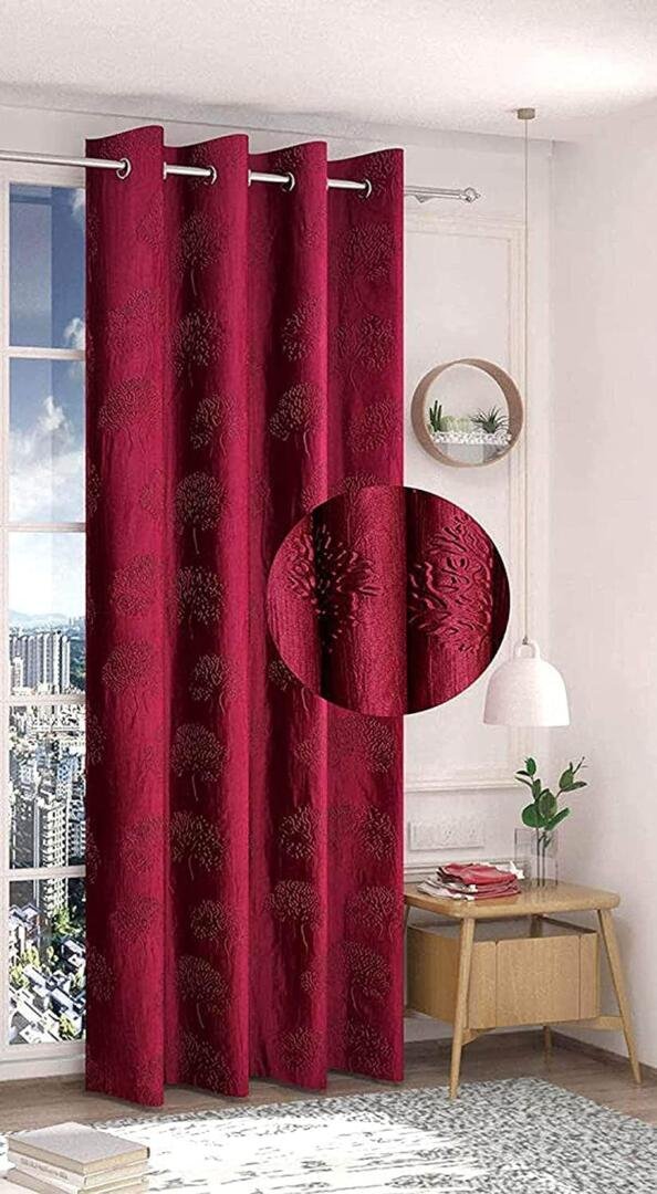 Homecrown Premium Tree Punch Embossed Design Curtains- Set of 2, Maroon