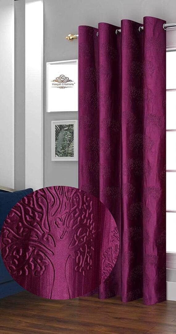 Homecrown Premium Tree Punch Embossed Design Curtains- Set of 2, Purple