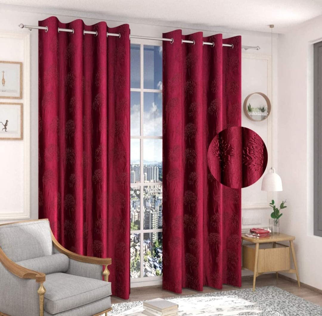 Homecrown Premium Tree Punch Embossed Design Curtains- Set of 2, Maroon