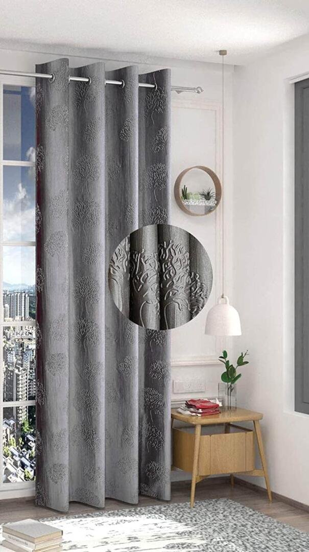 Homecrown Premium Tree Punch Embossed Design Curtains- Set of 2, Silver