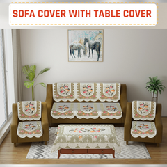 Homecrown Floral Print Polycotton 5 Seater Sofa Cover With Table Cover Set- Tulip