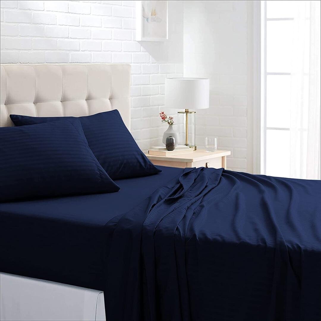 Homecrown Cotton Double Bedsheet with 2 Pillow Covers- Satin Stripe- 90x100 Inch- Blue