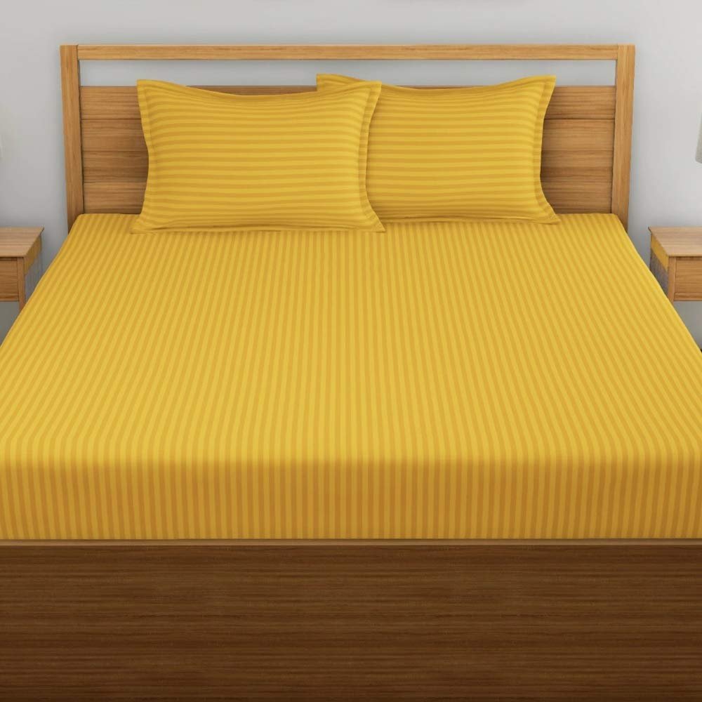 Homecrown Cotton Double Bedsheet with 2 Pillow Covers- Satin Stripe- 90x100 Inch- Yellow