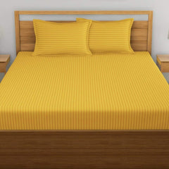 Homecrown Cotton Double Bedsheet with 2 Pillow Covers- Satin Stripe- 90x100 Inch- Yellow