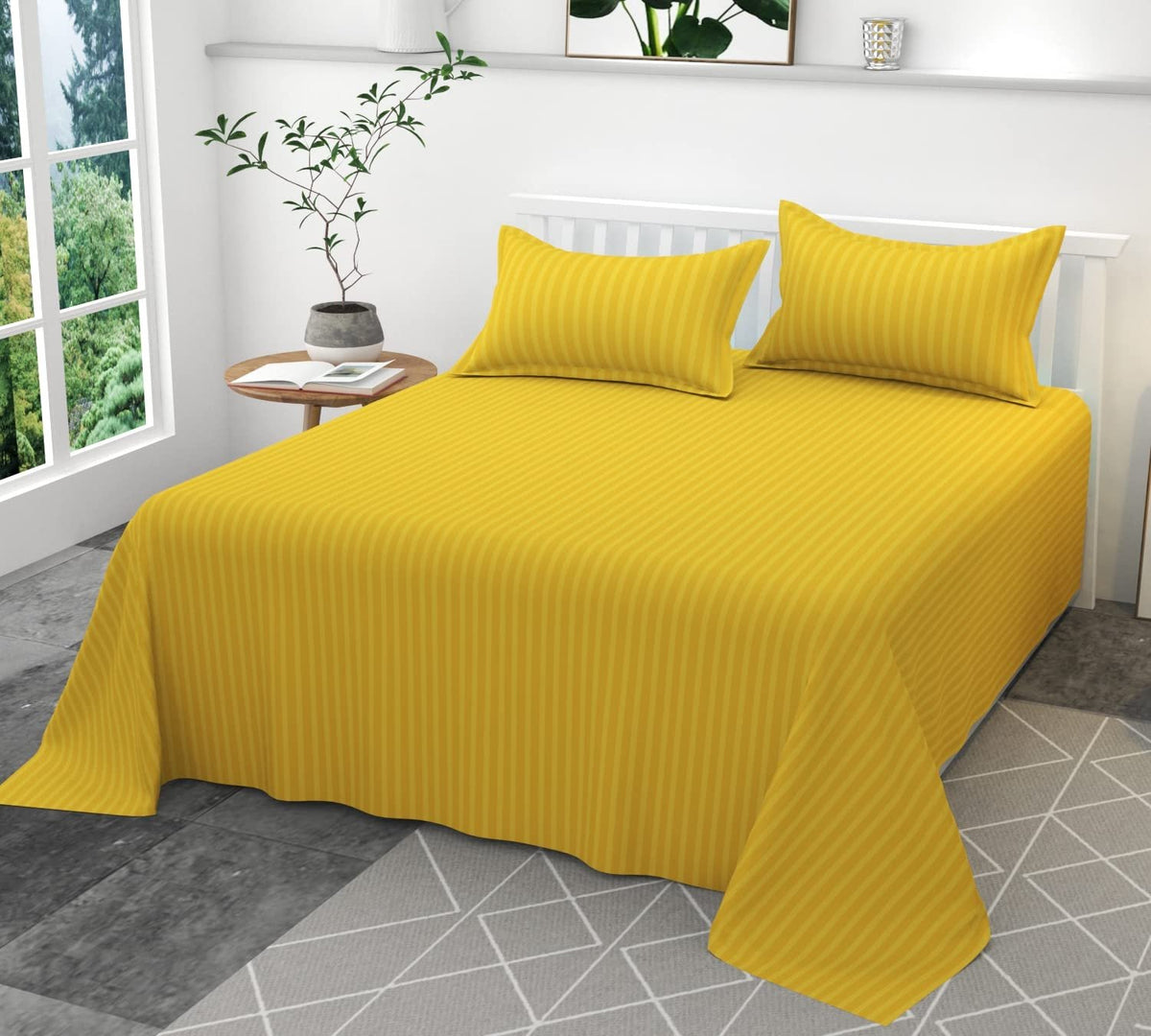 Homecrown Cotton Double Bedsheet with 2 Pillow Covers- Satin Stripe- 90x100 Inch- Yellow