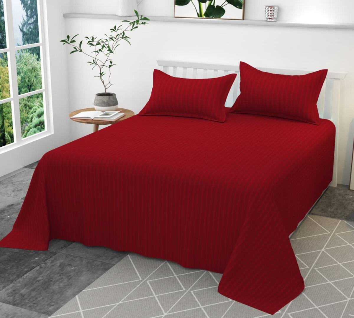 Homecrown Cotton Double Bedsheet with 2 Pillow Covers- Satin Stripe- 90x100 Inch- Maroon