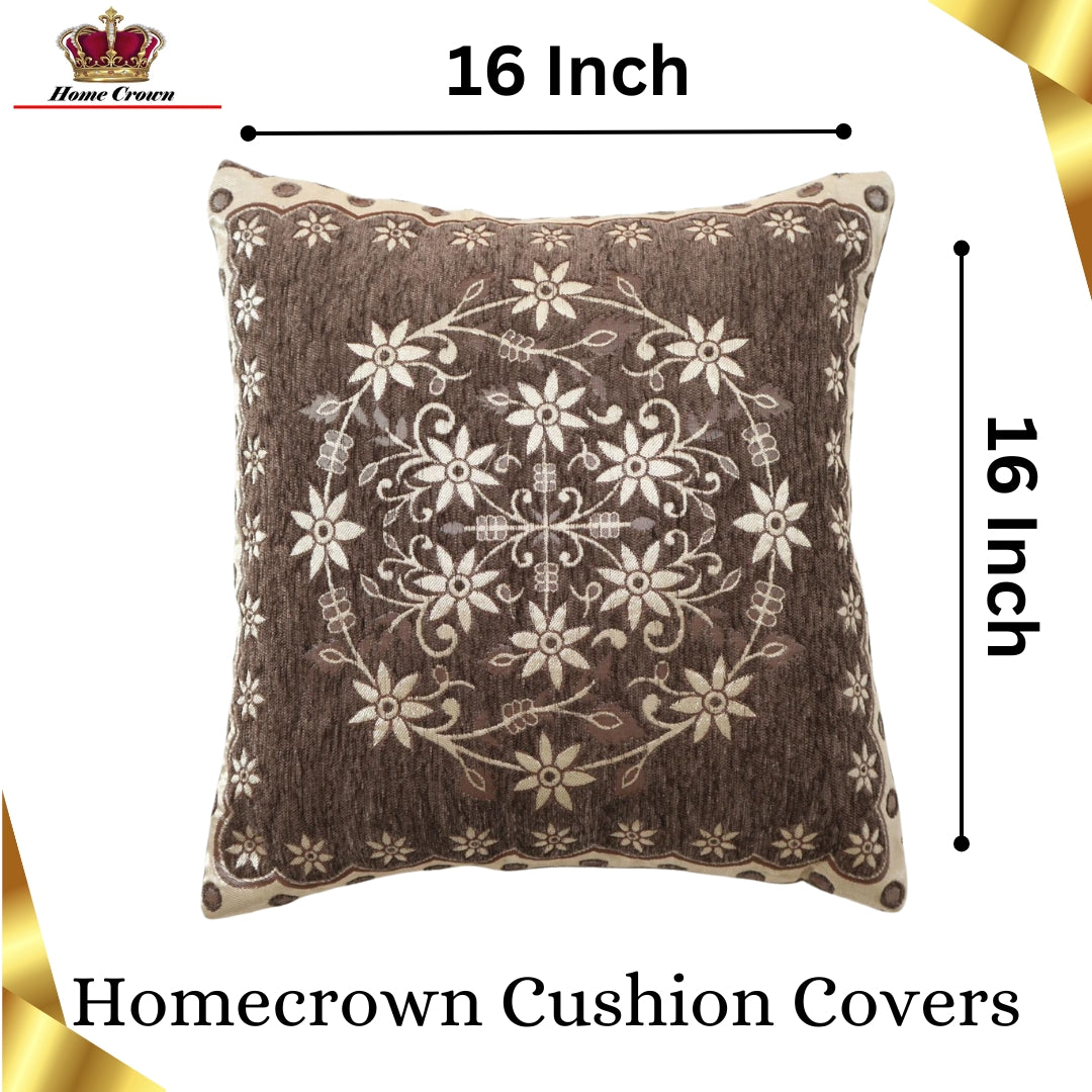 Homecrown Floral Velvet Cushion Covers 16x16 Inch – Set of 5 (Light Brown)