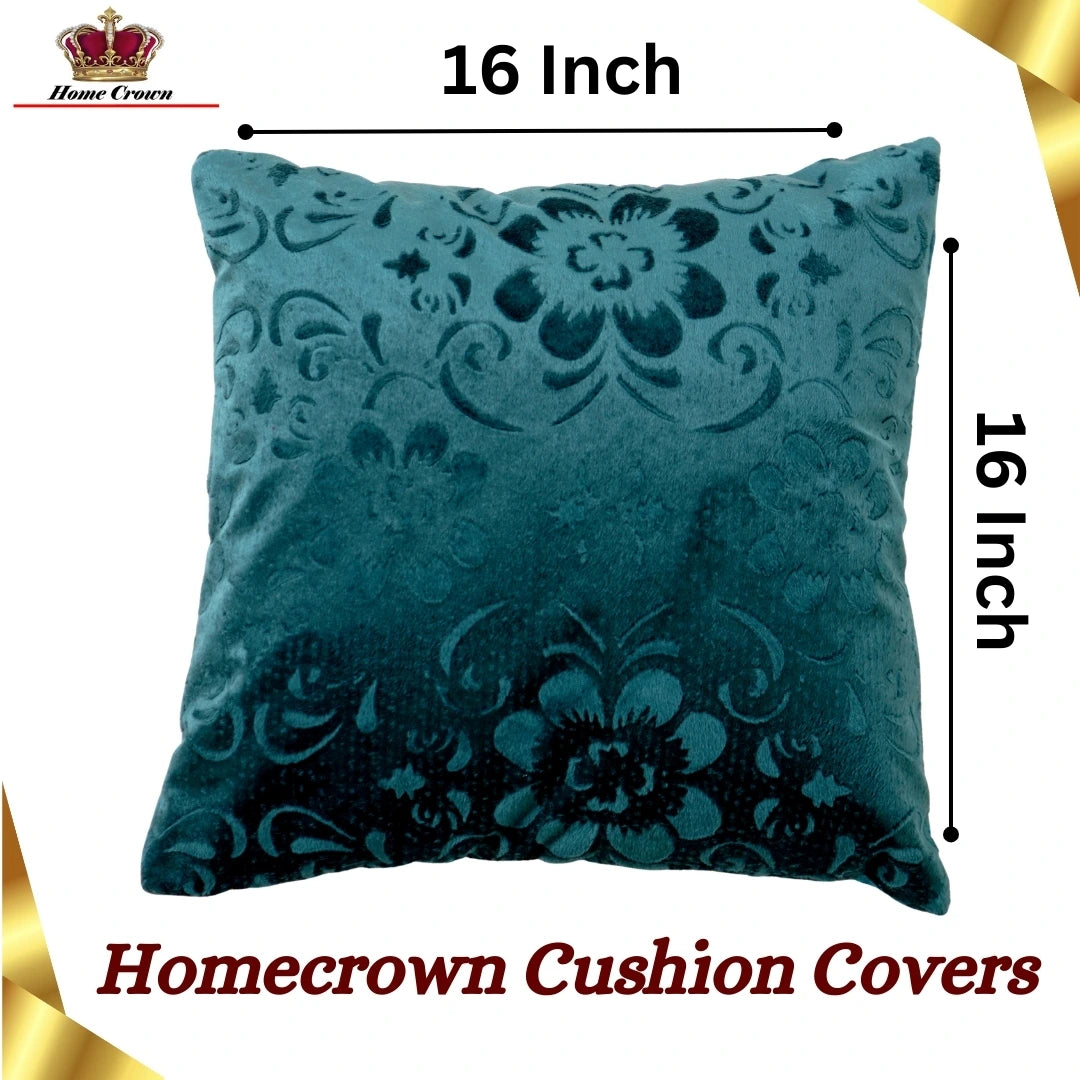 Homecrown Flower Design Velvet Cushion Covers 16x16 Inch – Set of 5 (Teal)