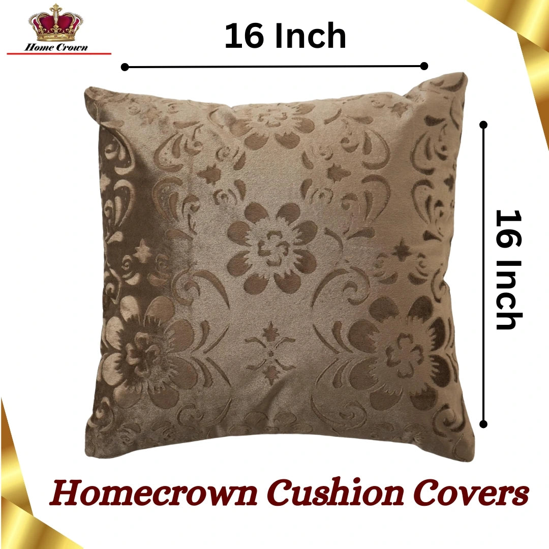 Homecrown Flower Design Velvet Cushion Covers 16x16 Inch – Set of 5 (Brown)