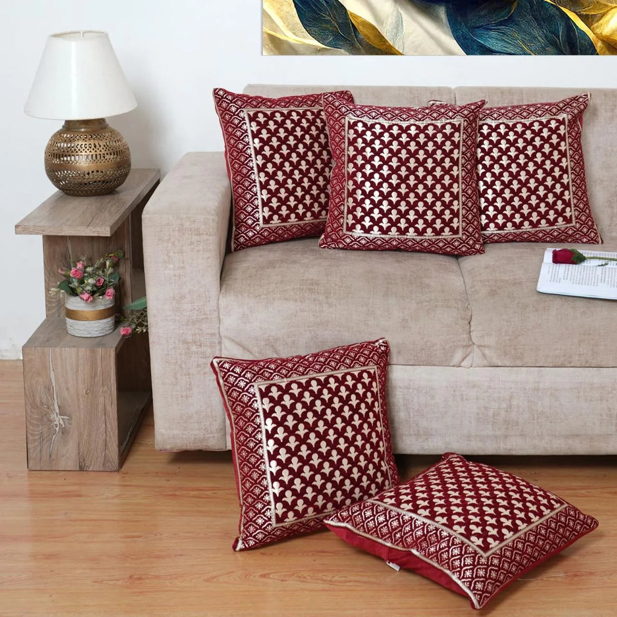 Homecrown Ethnic Design Velvet Cushion Covers 16x16 Inch – Set of 5 (Maroon)