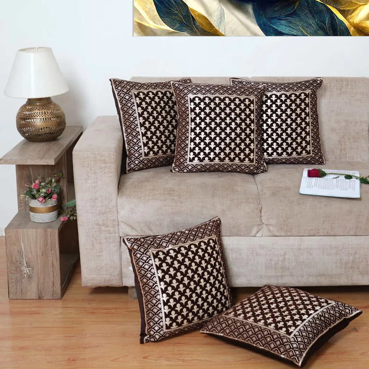 Homecrown Ethnic Design Velvet Cushion Covers 16x16 Inch – Set of 5 (Brown)