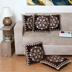 Homecrown Floral Velvet Cushion Covers 16x16 Inch – Set of 5 (Brown)