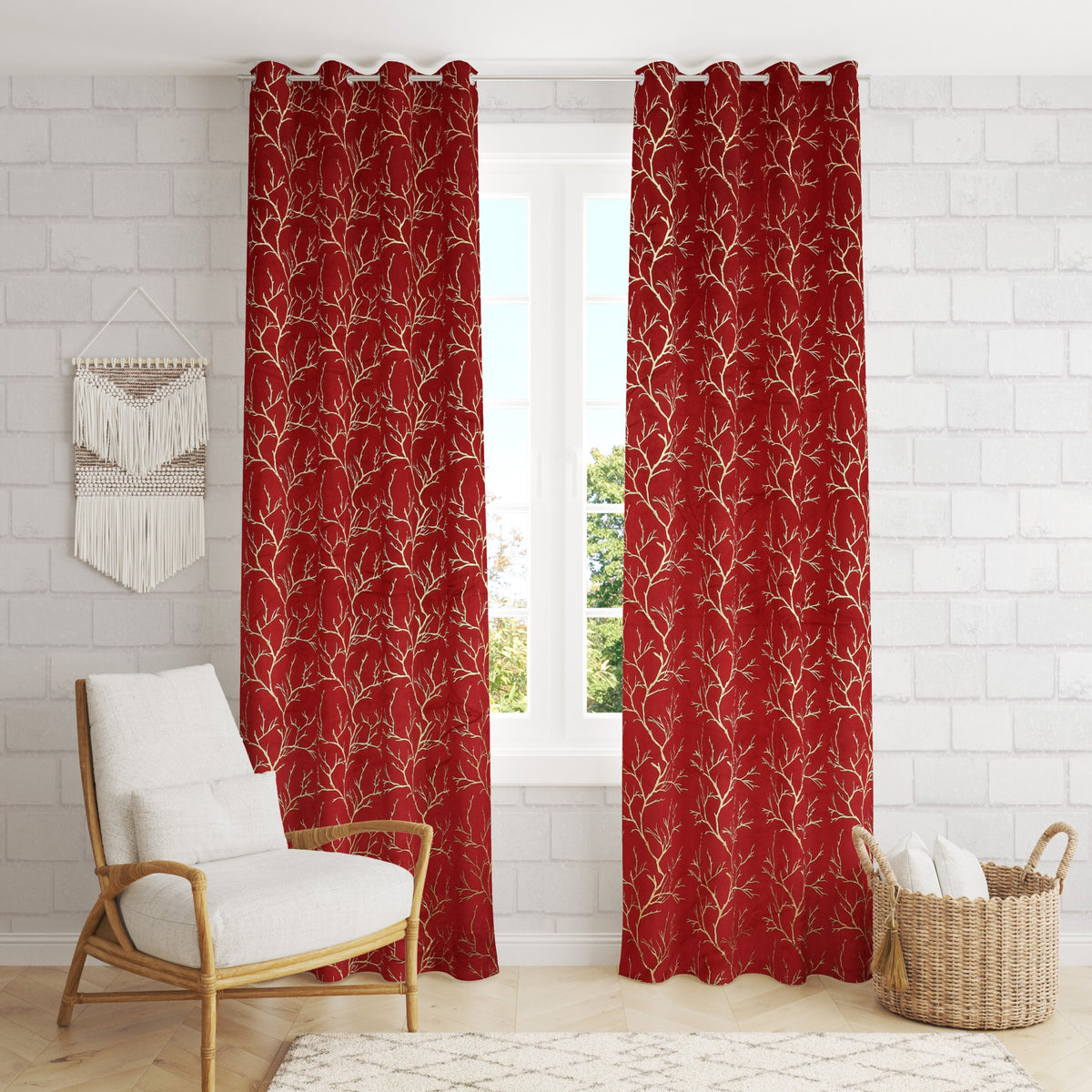 Homecrown Premium Velvet Fabric Room Darkening Curtains for Windows & Doors - Set of 2, Foil Print- Maroon