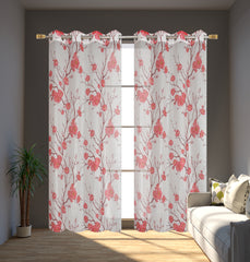 Homecrown Tissue Net Floral Print Curtains for Windows/Doors – Set of 2, Gulab- Maroon