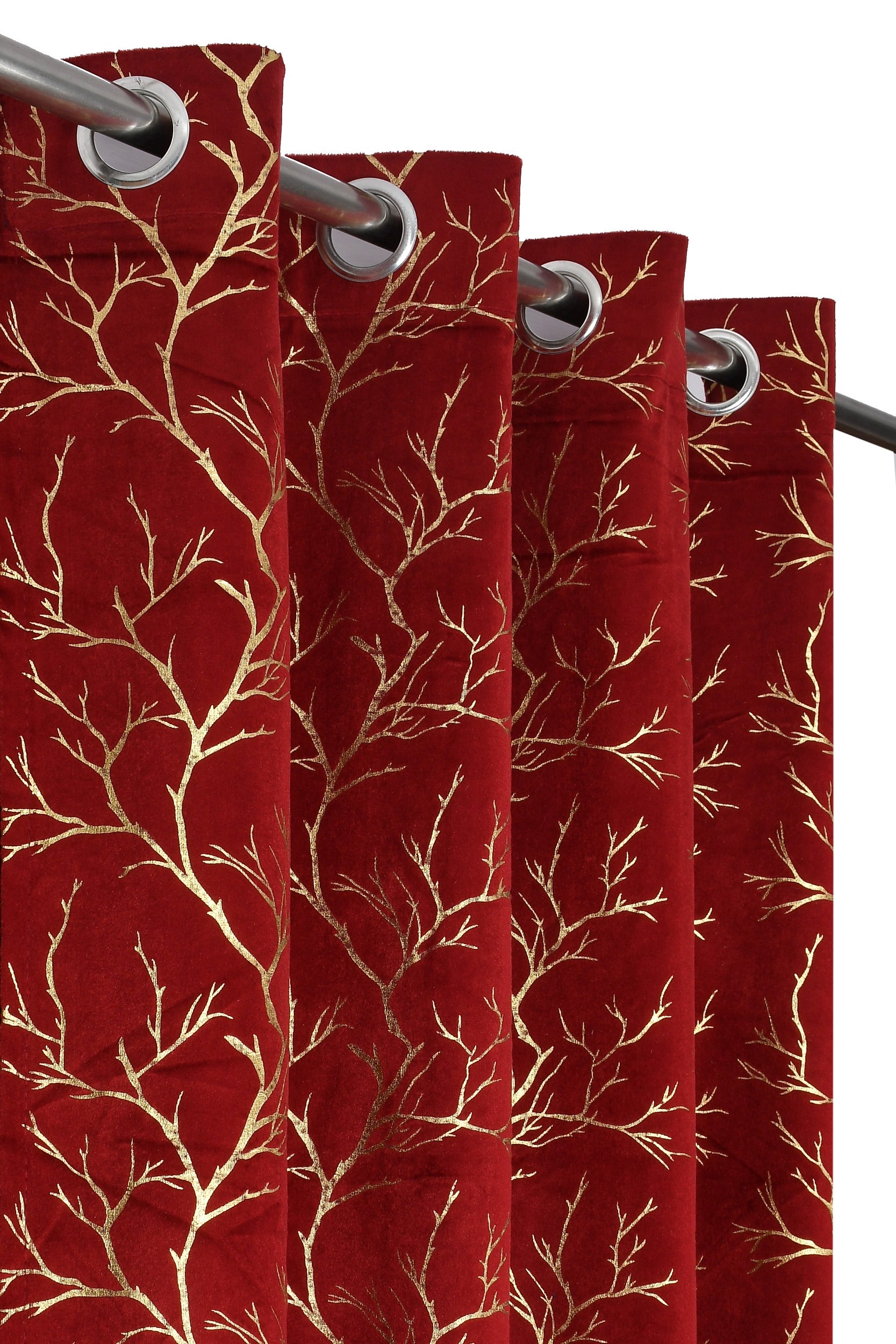 Homecrown Premium Velvet Fabric Room Darkening Curtains for Windows & Doors - Set of 2, Foil Print- Maroon