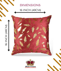 Homecrown Golden Leaf Velvet Cushion Covers Set of 5 (16x16 Inch) - Red