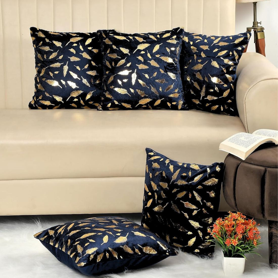 Homecrown Golden Leaf Velvet Cushion Covers Set of 5 (16x16 Inch) - Black